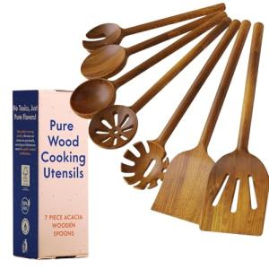 Non-Toxic Cooking Utensils – 7-Piece Kitchen Utensils Set, Glue-Free & One-Piece Wooden Spoons for Cooking, Natural Wooden Utensil Set with Plant-Based Finish, Free of Forever Chemicals.