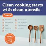 Non-Toxic Cooking Utensils – 7-Piece Kitchen Utensils Set, Glue-Free & One-Piece Wooden Spoons for Cooking, Natural Wooden Utensil Set with Plant-Based Finish, Free of Forever Chemicals.