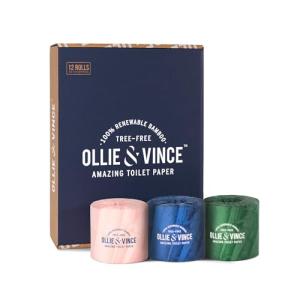 Ollie & Vince Bamboo Toilet Paper | Sustainable, Eco-Friendly, Plastic-Free & Tree-Free, Organic | 12 Rolls, 3-Ply, Soft, Strong & Septic Safe, Unscented | Premium Bathroom Tissue