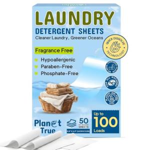 Planet True Eco-Friendly Laundry Detergent Sheets, 100 Loads (50 Sheets) Fragrance Free, Gentle & Concentrated Washer Sheet Detergent, Plastic-Free Laundry Sheet for Travel and Home