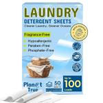 Planet True Eco-Friendly Laundry Detergent Sheets, 100 Loads (50 Sheets) Fragrance Free, Gentle & Concentrated Washer Sheet Detergent, Plastic-Free Laundry Sheet for Travel and Home
