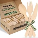 DinnerService 400PCS Eco-Friendly Disposable Wooden Utensil Set – Compostable Biodegradable Wooden Cutlery Set (200 Forks, 100 Spoons, 100 Knives) for Parties, Camping, traveling & Family Dinners