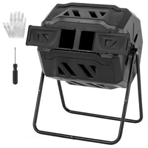 OLIXIS Compost Bin Outdoor 43 Gallon, Dual Chamber Composter Tumbler Outdoor with Gloves, Efficient 360°Rotating Composting Bin for Patio, Lawn, Home Gardening and Landscape, Classic Black