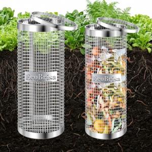 EcoBrisa 2 Pack Inground Worm Composting Bin, Metal Compost Bin for Recycling Kitchen Food Waste, Outdoor Worm Compost Bin with Holes and Lid Use in Outdoor Garden Vegetable Patch Backyard