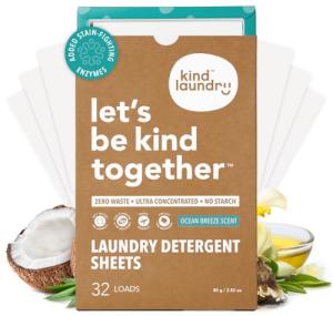 Kind Laundry Detergent Sheets with Stain-Fighting Enzymes - Plant Powered Eco-Friendly Laundry Soap Sheets - Home or Travel Laundry Detergent - Ocean Breeze, 32 Loads (Mom's Choice Award Winner)