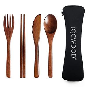 Portable Wooden Cutlery Set for Travel and Camping - 4 Piece Set With Reusable Wooden Spoon, Fork, Knife and Chopsticks