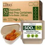 Dtocs Premium Disposable Meal Prep Containers with Lids (Pack of 50), 500 mL (17oz) | Heavy Duty Bamboo Fiber To Go Food Containers – Leak Resistant, Microwave & Freezer Safe