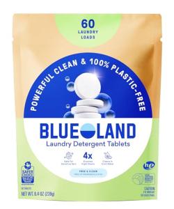 BLUELAND Laundry Detergent Tablets, 60 Count, Plastic-Free Eco-Friendly Pods, Sheets, Liquid Alternative - Fragrance Free and Clear, Natural, Gentle