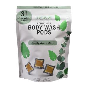 Renew Bath + Body Moisturizing Body Wash Pods, Eucalyptus & Mint Scent, Eco-Friendly and Cruelty Free, Plant-Based Packaging - Plastic Free - Ocean Safe, 31 Pods
