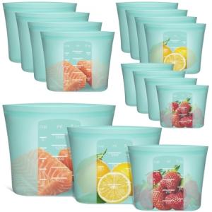 Annaklin Reusable Food Bags, 12 Pack 100% Silicone Food Storage Bags Stand Up Zip Lock Container, Freezer Microwave Oven Dishwasher Safe, 4 Medium 4 Small 4 Extra Small, Aqua