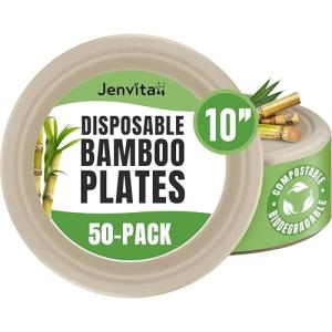 Jenvita Bamboo Paper Eco Disposable Plates (50-Pack, 10-inch) | Sturdy & Microwave Safe | Heavy Duty Eco Friendly Small Plates | PFAS Free, Biodegradable | FSC Certified Alternative to Plastic