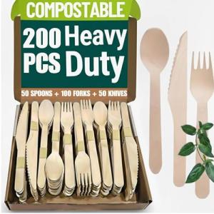 Wooden Cutlery Set Disposable - 200 PCS Wooden Compostable forks and Spoons with 100 Forks, 50 Spoons, and 50 Knives - Disposable Utensils Set for Outdoor, Party, Camping & More