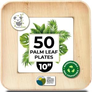 Palm Leaf Plates 10 Inch Bamboo Paper Disposable 50 Bulk Dinner Square Party Plates Event Tableware Eco Biodegradable Compostable Wooden Plate Best Alternative to Plastic Plate, By KoalaLove