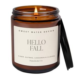 Sweet Water Decor Hello Fall Soy Candles - Fall Candle with Hot Cider, Cinnamon, Cloves, and Nutmeg Scent for Home - Soy Candle with 40 Hours Burn Time - 9Oz Black Lid Amber Jar Candles Fall Scents