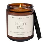 Sweet Water Decor Hello Fall Soy Candles - Fall Candle with Hot Cider, Cinnamon, Cloves, and Nutmeg Scent for Home - Soy Candle with 40 Hours Burn Time - 9Oz Black Lid Amber Jar Candles Fall Scents