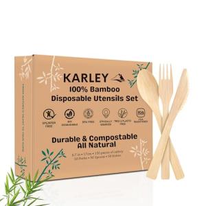 Karley 100% Bamboo Heavy Duty Disposable Utensils – 150 pcs, 6.7in (50 Forks, 50 Spoons & 50 Knives) – Durable, Eco-friendly & Biodegradable Cutlery. FDA Registered, Plastic Free & Compostable