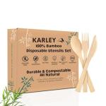 Karley 100% Bamboo Heavy Duty Disposable Utensils – 150 pcs, 6.7in (50 Forks, 50 Spoons & 50 Knives) – Durable, Eco-friendly & Biodegradable Cutlery. FDA Registered, Plastic Free & Compostable