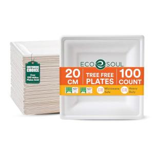 ECO SOUL Compostable Paper Plates 8 Inch (100 Count) Heavy Duty Disposable Dessert Plates, Eco-Friendly Sugarcane Bagasse Small Plates For Appetizer- White