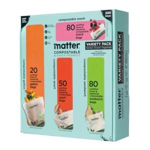Matter Compostable Assorted Kitchen Bags, 230 Count, Biodegradable, Eco-Friendly Resealable Food Storage Variety Pack, 80 Snack, 80 Sandwich, 50 Quart & 20 Gallon