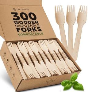 Wooden Disposable Forks - 300 Piece Wood Compostable Forks - Eco-Friendly Biodegradable Utensils for Party - Free From Plastic Cutlery Set - Disposable Cutlery Fork for Eating - Compostable Utensils
