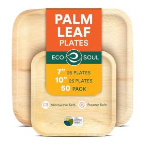 ECO SOUL Compostable 7 & 10 Inch Palm Leaf Square Plates (50 Count) Like Bamboo Plates | Biodegradable | Eco-Friendly, Microwave & Oven Safe - Party Pack