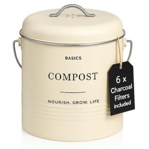 D'Lifeful Kitchen Compost Bin – 1.3 Gallon Countertop Farmhouse Compost Container with Lid – Odorless Indoor Food Scrap Pail with 6 Charcoal Filters – Eco-Conscious and Easy to Clean (Cream)