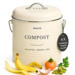 D'Lifeful Kitchen Compost Bin – 1.3 Gallon Countertop Farmhouse Compost Container with Lid – Odorless Indoor Food Scrap Pail with 6 Charcoal Filters – Eco-Conscious and Easy to Clean (Cream)