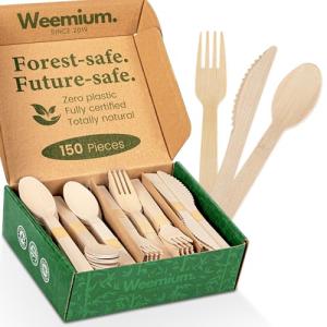 Weemium Bamboo Cutlery Disposable Set, [150 Pack] Heavy-Duty Bamboo Utensils Disposable Silverware, FSC Certified 100% Biodegradable and Compostable Utensils, 60 Forks, 60 Spoons, 30 Knives