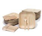 EVERMADEGREEN Bamboo Plates with Cutlery - Set of 50 Plates (8in) + 50 Forks + 50 Knives | Biodegradable Palm Leaf Plates | Disposable Dinner Plates | Rustic Dinnerware for Christmas, Wedding, Party