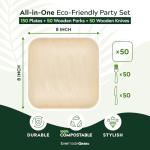 EVERMADEGREEN Bamboo Plates with Cutlery - Set of 50 Plates (8in) + 50 Forks + 50 Knives | Biodegradable Palm Leaf Plates | Disposable Dinner Plates | Rustic Dinnerware for Christmas, Wedding, Party