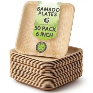 Naturally Chic Premium 6 Inch Square Bamboo Plates Disposable - 50 Pack - Biodegradable Palm Leaf Dessert Plates for Appetizers and Cocktail Party - Compostable and Eco-Friendly