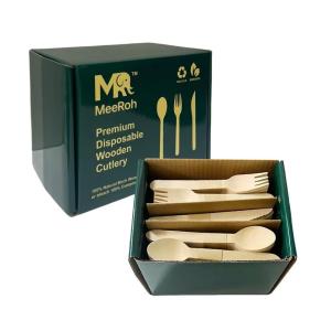MeeRoh 300 Pcs Wooden Utensil Set – Heavy Duty Disposable Silverware – Eco Friendly Wood Utensils Set for Parties & Weddings – Compostable Birch Wood Forks Spoons Knives – Biodegradable Cutlery