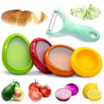 Rojoyal 5PCS Avocado Saver & Produce Saver Set – 4 Reusable Silicone Fruit Storage Pods + Fruit Peeler, Tomato Holder, Onion Keeper, Lemon Saver for Fridge, Office Snacks & Camping