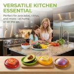 Rojoyal 5PCS Avocado Saver & Produce Saver Set – 4 Reusable Silicone Fruit Storage Pods + Fruit Peeler, Tomato Holder, Onion Keeper, Lemon Saver for Fridge, Office Snacks & Camping