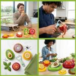 Rojoyal 5PCS Avocado Saver & Produce Saver Set – 4 Reusable Silicone Fruit Storage Pods + Fruit Peeler, Tomato Holder, Onion Keeper, Lemon Saver for Fridge, Office Snacks & Camping