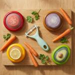 Rojoyal 5PCS Avocado Saver & Produce Saver Set – 4 Reusable Silicone Fruit Storage Pods + Fruit Peeler, Tomato Holder, Onion Keeper, Lemon Saver for Fridge, Office Snacks & Camping
