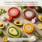 Set of 4 Silicone Food Storage Containers - Avocado Saver & Vegetable Freshness Keeper for Tomatoes, Onions, Lemons, Garlic - Reusable, Dishwasher Safe, BPA-Free Fridge Organizer