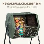 Werph Updated 43 Gallon Dual-Chamber Compost Bin, Fast Assembly Outdoor Compost Tumbler, Rotating Batch Composter Bin with Gloves for Garden, Kitchen, and Yard