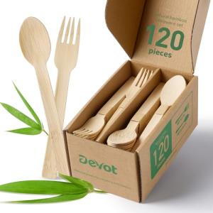 Devot 100% Natural Bamboo Disposable Cutlery Set - 120 Mix (60 Forks, 60 Spoons) 6.7", Eco Friendly Utensils, Biodegradable, Compostable, Splinter Free and Perfect For Weddings, Camping, Party