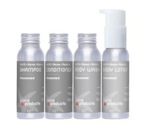 Plaine Products Eco-Friendly Travel Size Shampoo, Conditioner, Body Wash and Body Lotion - Unscented - Paraben/Sulfate/Phthalate Free, Refillable Aluminum Bottles, 2.5 oz