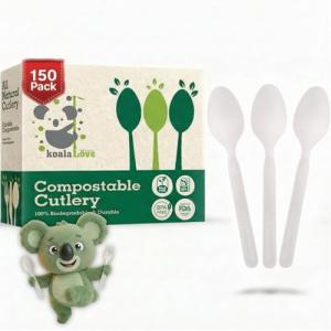 100% Compostable Spoons - (7 in.) 150 Large Biodegradable Spoon Disposable Eco Friendly Spoon Durable and Heat Resistant Alternative to Plastic Spoons with Convenient Tray, By