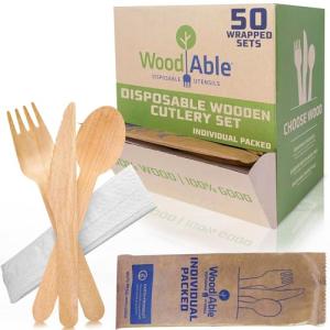 Woodable Disposable Wooden Cutlery Set - 100% Home Compostable - Wooden Utensils, Eco-Friendly, Organic, Sustainable and Carbon Neutral Certified - Fork, Knife, Spoon & Napkin - 150