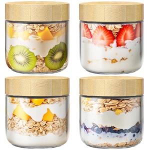 4 Pack 10oz Overnight Oats Containers with Bamboo Lids, Glass Jars with Airtight Lids for Meal Prep, Wide Mouth Mason Salad Jars, Glass Food Storage Container for Yogurt Chia Snacks Spice Sugar
