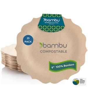Bambu Pack of 25-9 Inch Disposable Bamboo Plates Fancy, Biodegradable Eco Friendly Products, Bamboo Disposable Plates for Party, Weddings, and Events, Great For Any Occasion, Compostable Plates