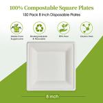 ECOLipak 150 Piecs Square Paper Plates, 8-inch Compostable Disposable Plates, Eco-friendly Heavy Duty Biodegradable Sugarcane Plates for Party Dinner Birthday