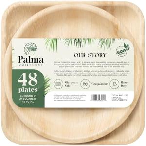 Palma Collective Palm Leaf Plates 48 Pack (24 Round + 24 Square 8 Inch) - Heavy Duty Compostable Disposable Plates Like Bamboo - Eco Friendly Biodegradable Party Plates for Wedding Events