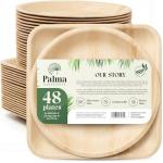 Palma Collective Palm Leaf Plates 48 Pack (24 Round + 24 Square 8 Inch) - Heavy Duty Compostable Disposable Plates Like Bamboo - Eco Friendly Biodegradable Party Plates for Wedding Events
