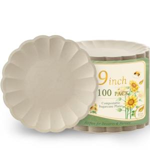 WELLIFE 100 Count 9 Inch Party Paper Plates - Compostable & Eco-Friendly, Natural Scalloped Plates Disposable Dinner Plates for Picnic,Birthday-100% Sugarcane,Leak Resistant