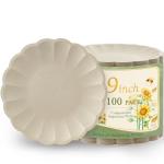 WELLIFE 100 Count 9 Inch Party Paper Plates - Compostable & Eco-Friendly, Natural Scalloped Plates Disposable Dinner Plates for Picnic,Birthday-100% Sugarcane,Leak Resistant