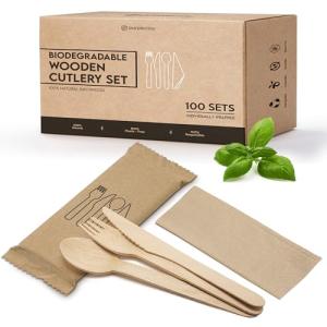 PURPLECLAY Wooden Disposable Utensils Set, 300 Pieces | Wrapped Utensils and Napkins, 100 Sets | Compostable Silverware for Parties | Eco Friendly, Plastic-Free Alternative to Bamboo Cutlery